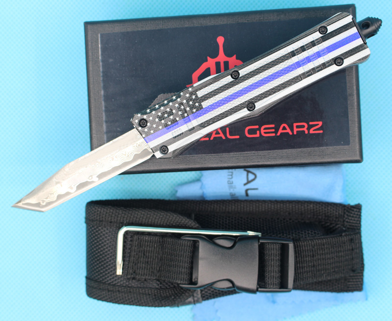 

Blue Flag 7 Inch 616 Mini Auto Tactical Knife Damascus Steel Single Tanto Fine Edge Black Blade EDC Pocket Knives