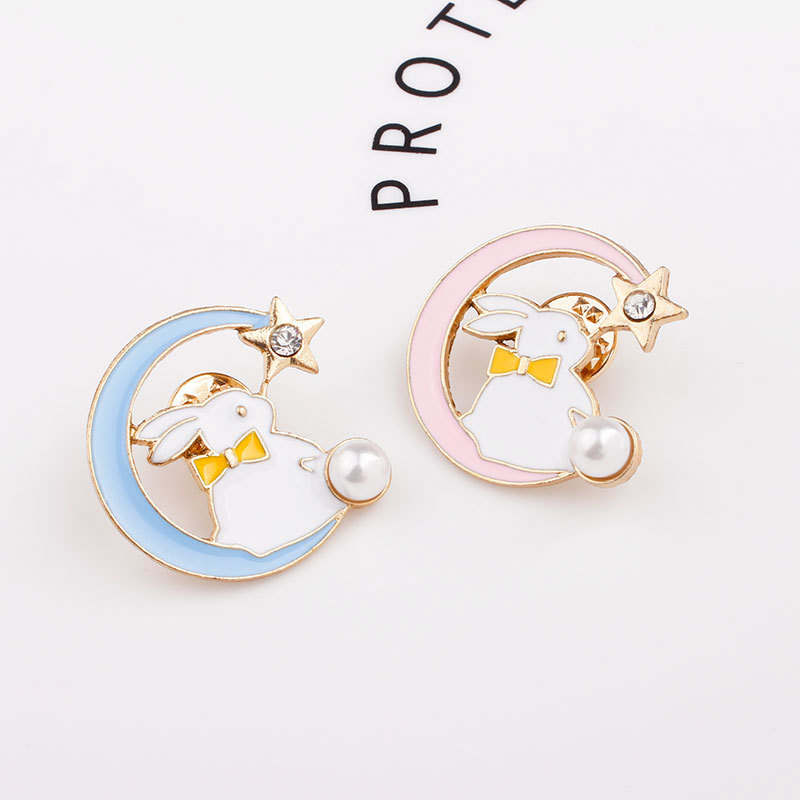 

Cartoon Animal Pink Blue Rabbits Brooch Fashion Bunny Badge Enamel Alloy Star Moon Shirt Pins Women's Jewelry kids Gifts