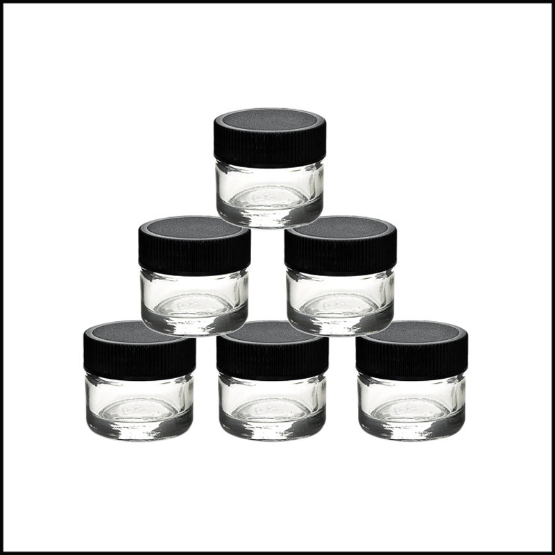 

Food Grade Non-Stick 5ml Glass Jar Tempered Glass Container Wax Dab Jar Dry Herb Container with Black Lid VS 6ml Glass Jar