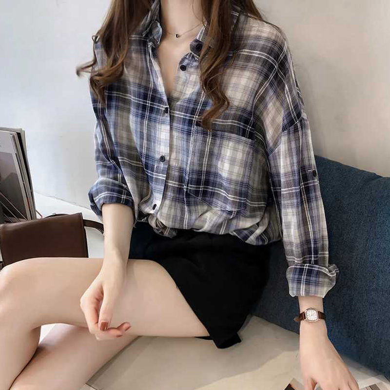 

Korean Fashion Plaid Shirts Women Plus Size Chic Long-Sleeved Blouses Womens Shirts And Blouse Loose BF Females Harajuku Clothes, Blue