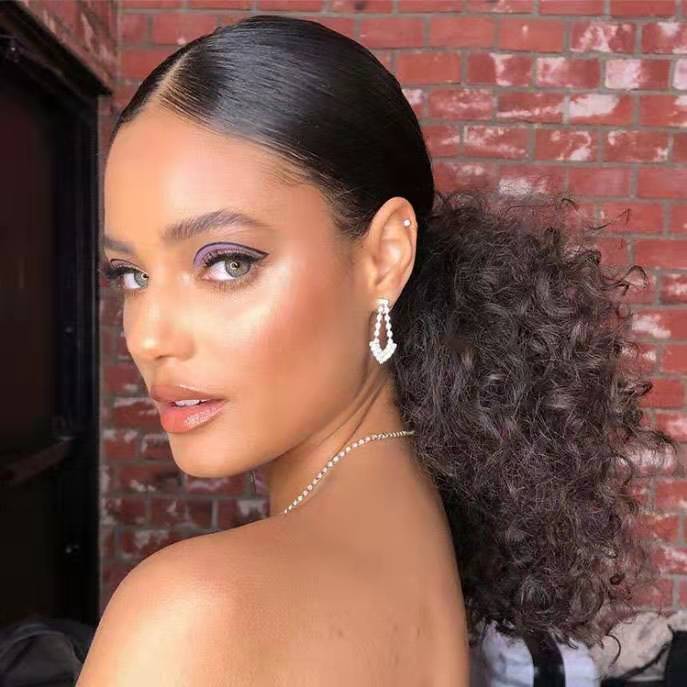 

Natural kinky curly pony tail hair piece cabelo rabo de cavalo humano Elastic band drawstring clip in 120g black brown