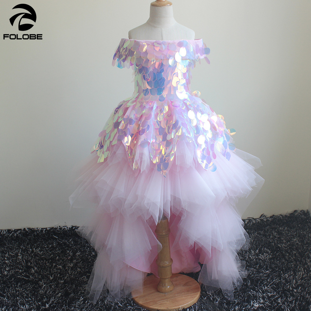 

Flower Girl Dress Children Wedding Bridemaid Ball Gown Dresses Kids Pink Sequin Gowns Girl Hi Lo Party Elegant Pageant Dress