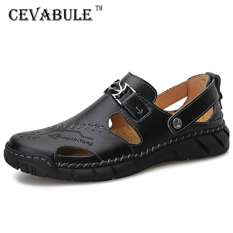 

CEVABULE 2020 Summer Men's Plus Size Sandals Fashion Handmade Leather Beach Shoes Shallow Mouth Casual Outdoor Men's Sandals CLK, Black