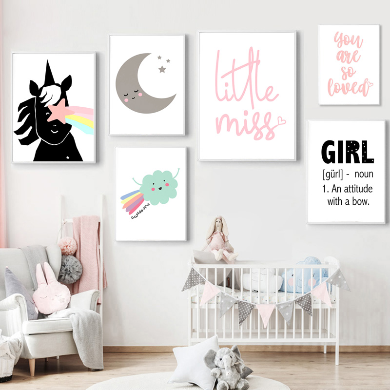 

Baby Girl Birth Gift Nursery Wall Art Canvas Poster Rainbow Cloud Moon Print Painting Kid Bedroom Decorative Picture Home Decor
