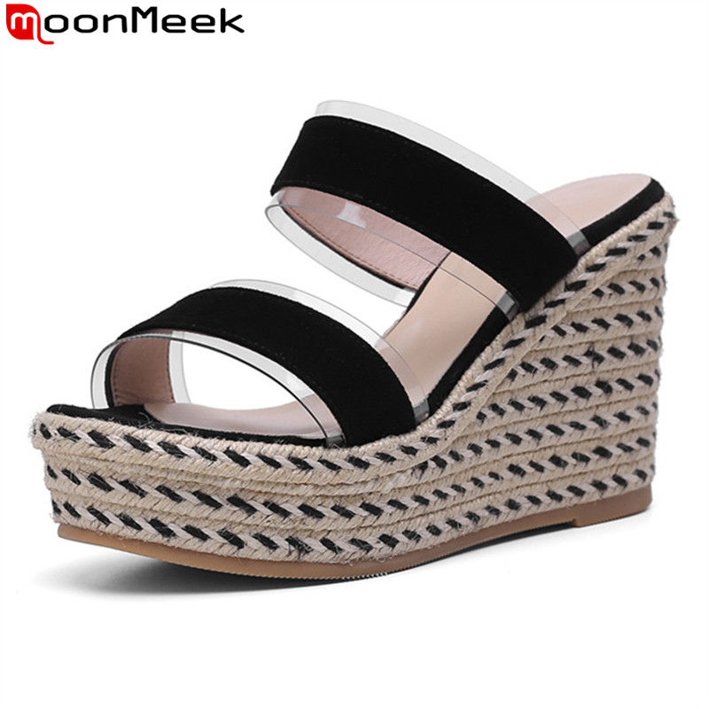 

MoonMeek 2020 new arrival women slippers top quality sheepskin platform shoes sexy platform summer party shoes yellow apricot, Black