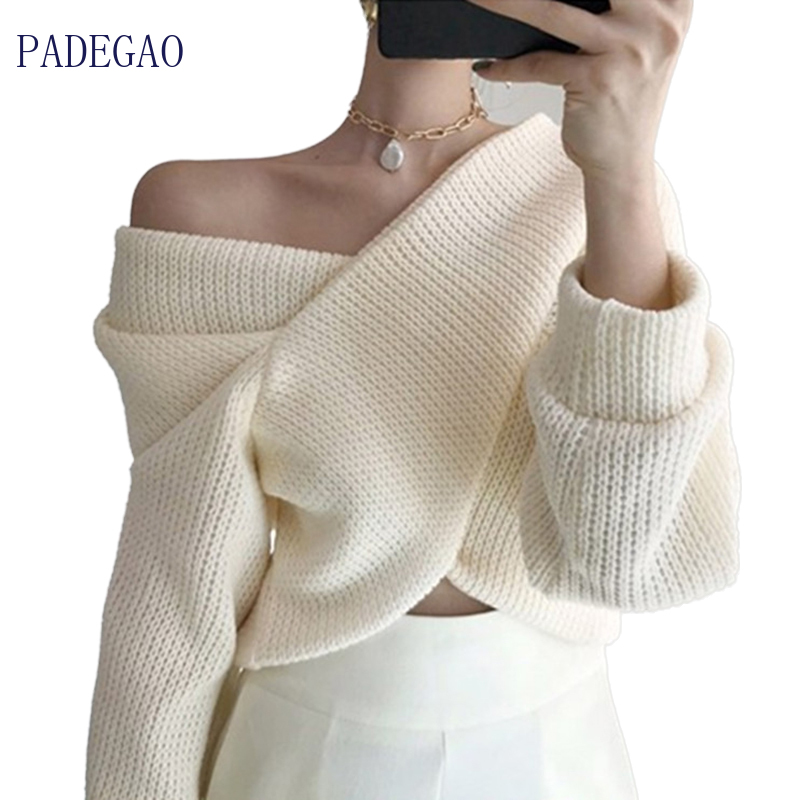 

Off Shoulder Sweater Woman Aesthetic Pullovers Criss Cross Sexy Crop White Navy Blue Fall Winter 2020 Korean Cashmere V-Neck
