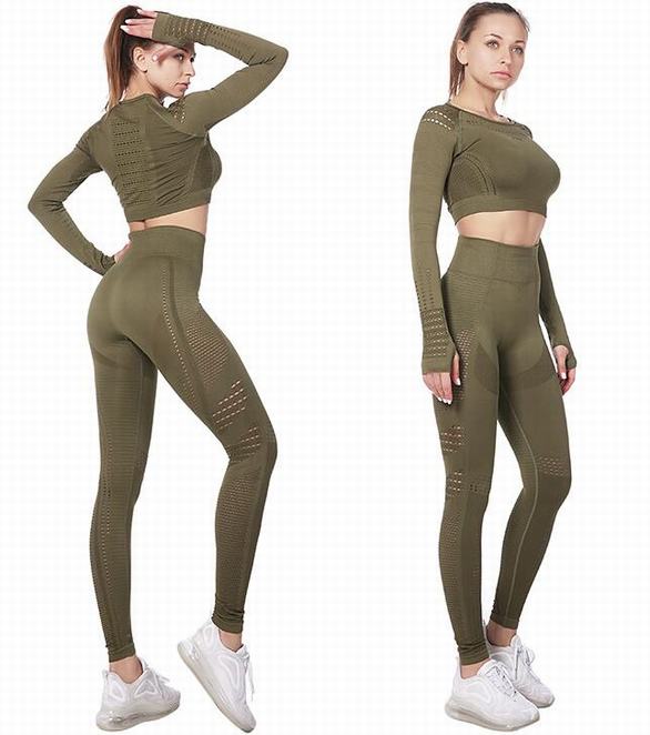

wholesale 2 pieces gym set workout clothes for women flawless knit long sleeve compression crop top + seamless leggings yoga 2 piece set, C19(army green-pants)