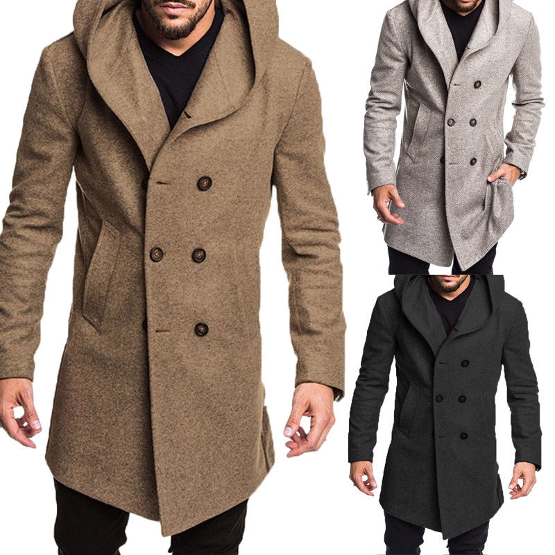 

2019 New Style Fashion Hot Winter Warm Men's Solid Button With Pocket British Style Woolen Casual Trench Overcoat Long, Black