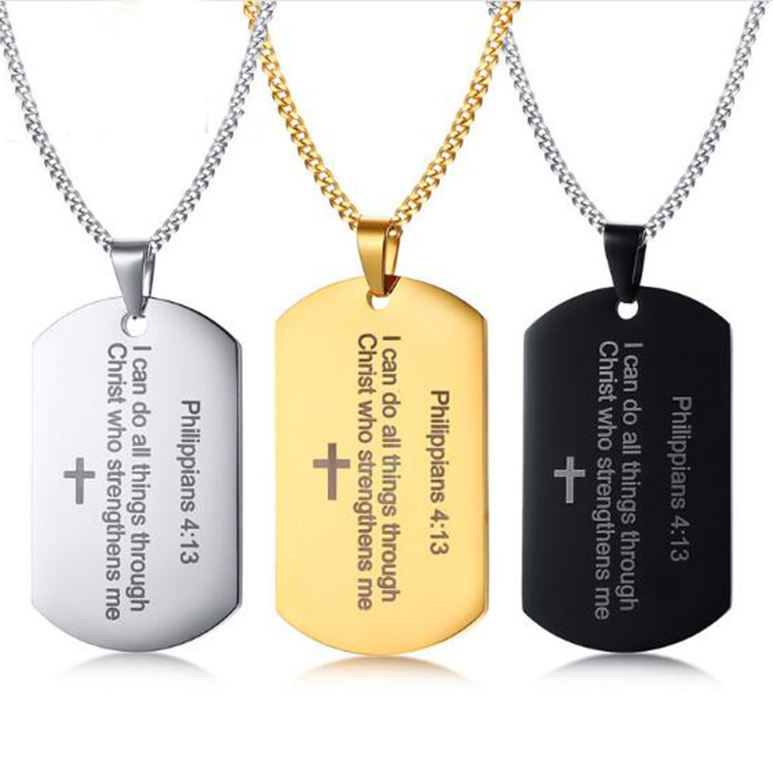 

High Polished Mens Womens Cross Dog Tag Prayer Pendant Necklace Philippians 4:13