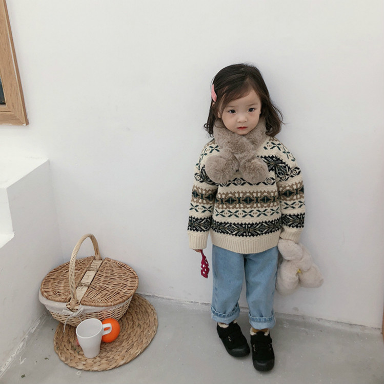 

2020 Children's Designer Sweater Fashion Vintage Jacquard Snowflake Pullover Winter Boys Girls Christmas Sweater Child Luxury Clothing Hot, Beige