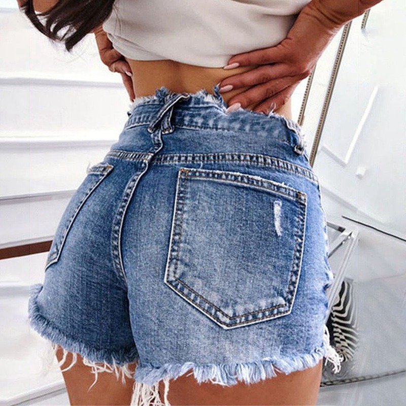 

Women Summer Denim Shorts Slim Sexy Ripped Hole Jean Femme Skinny Shorts Tassel Vintage Blue High Waist Jeans