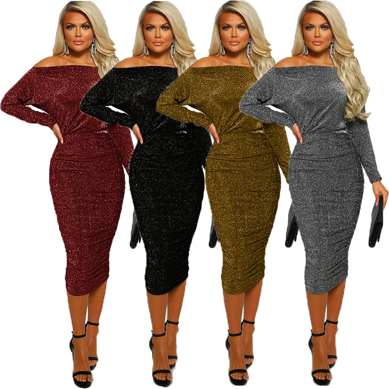 

Casual Dresses Fashion Elegant Sequins Dress Women Sexy Long Sleeve Glitter Bodycon Off Shoulder Evening Party Formal, Wine