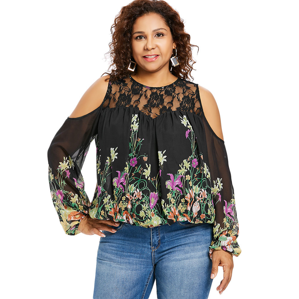 

Wipalo Plus Size 5xl Xxxxl Xxxl Floral Flower Print Lace Chiffon Blouse Women Sexy Sheer Mesh Boho Cold Shoulder Tops Big Size Y19070101, Black