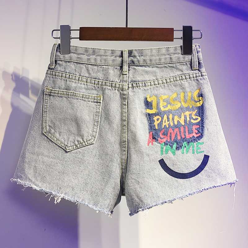 

Summer Women Plus Size Denim Shorts Fashion Letter print High waist Jeans Shorts Female Loose Sexy Loose Wide leg Short Jeans, Light blue