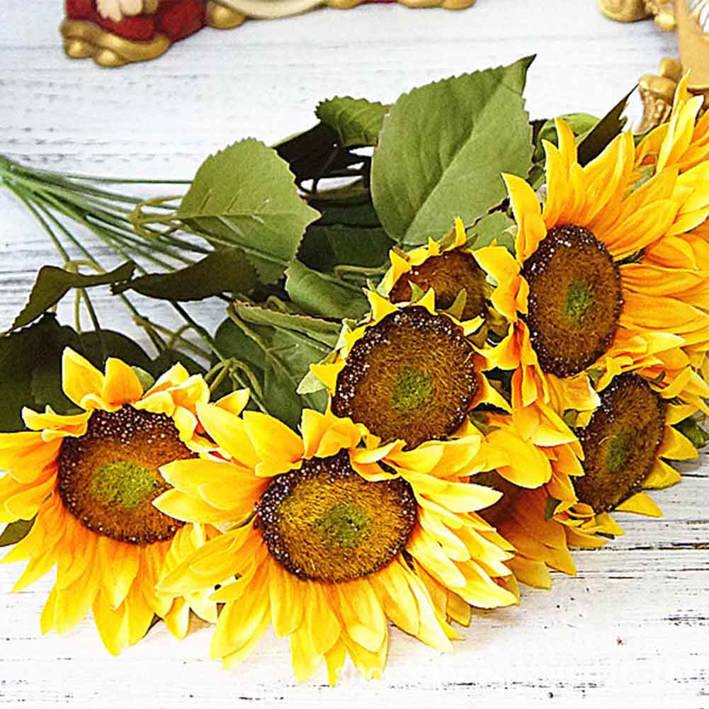 

With Leaves 13 Heads Cloth Fake Sunflower Garden Home Decor Artificial Flowers European Style Desktop Office Living Room Party, Yellow