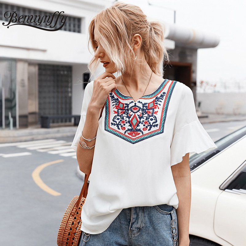

Benuynffy White O-Neck Embroidery T-Shirt Women 2020 Summer Butterfly Sleeve Casual Ladies Vintage Streetwear Tshirt Tops