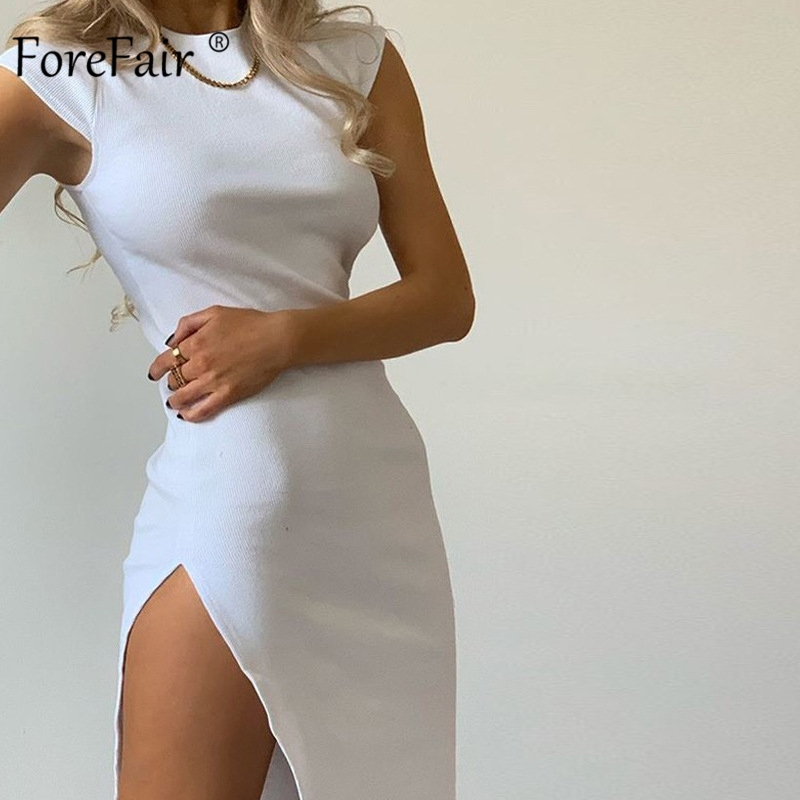 

Forefair Summer Dress Women Sexy Bodycon O Neck Slit Short Sleeve Midi Solid Black White Party Dress Women, Black dress