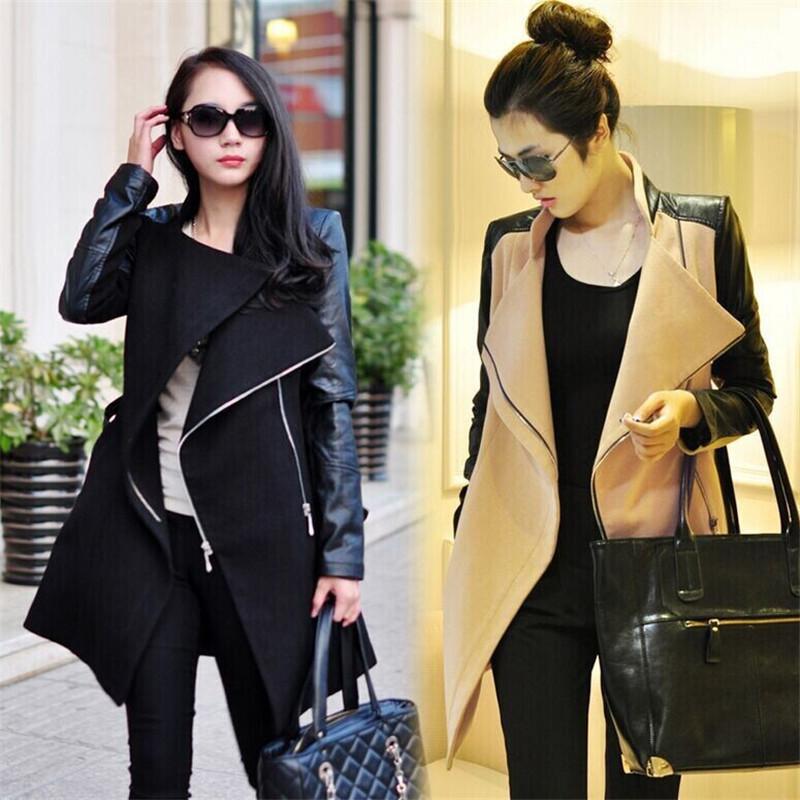 

Winter Fall Fashion Women Coat Patchwork Womens Long Wool Pu Leather Sleeve Jacket Coat Windbreaker Fast Shipping, Black