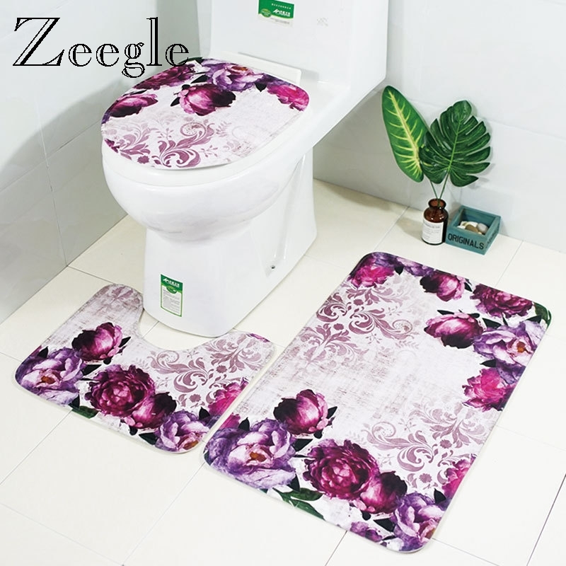 Floral Butterfly Print Three-piece Rug Set Toilet Covers Non-slip Bathroom Mat