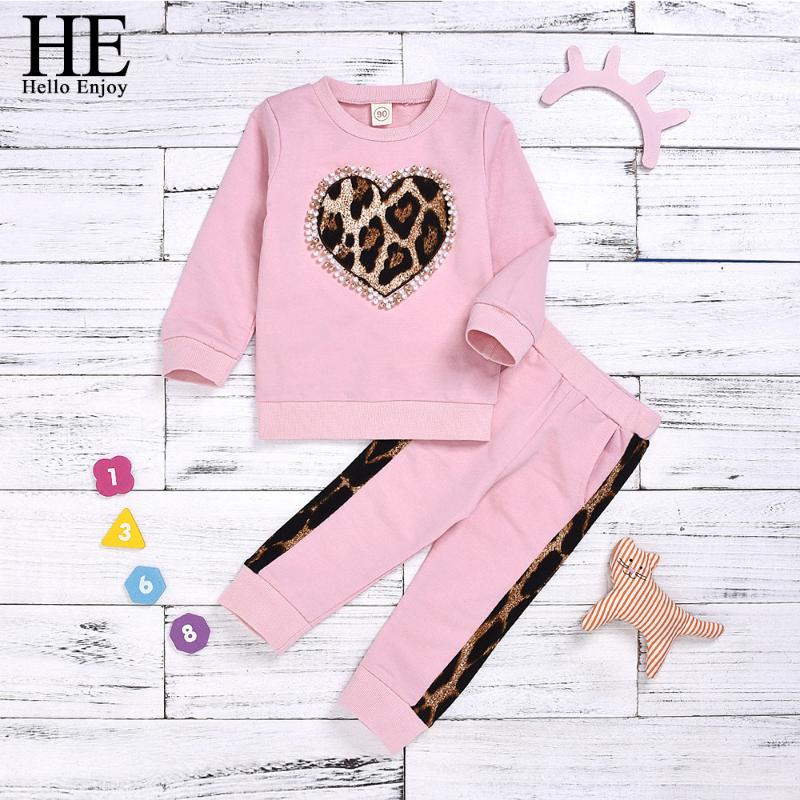 

HE Hello Enjoy Toddler Kid Girl Autumn Winter Clothes Sets Pink Long Sleeve Leopard Tops Long Pants Children Outfit Tracksuit, Beige