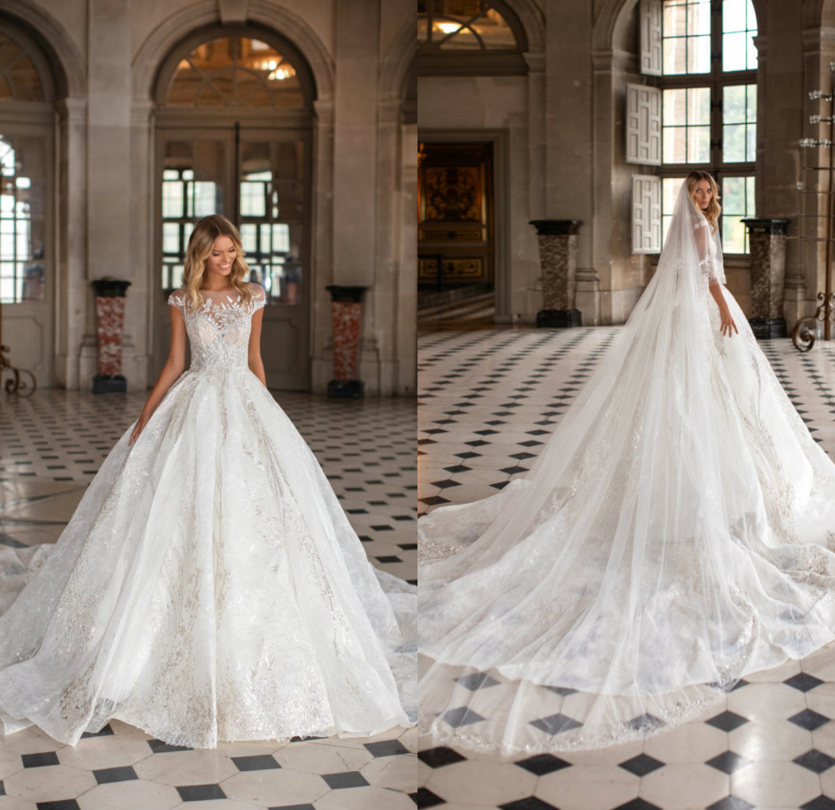 

Milla Nova 2021 Wedding Dresses Jewel Capped Sleeves Lace Appliques Beach Bridal Gowns Button Back Sweep Train A-Line Wedding Dress, White