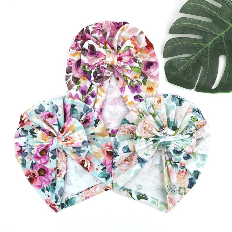

9 Pcs / Lot Floral Print Bowknot Caps Beanie Vintage Cotton Earmuff Hats Children Headwear Spring Summer Autumn Baby Hat Fitted, Green