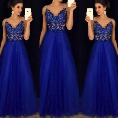 

2019 Sexy Women Wedding Chiffon Formal Sleeveless Deep V Neck Ball Gown Long Prom Evening Party Dresses, Blue