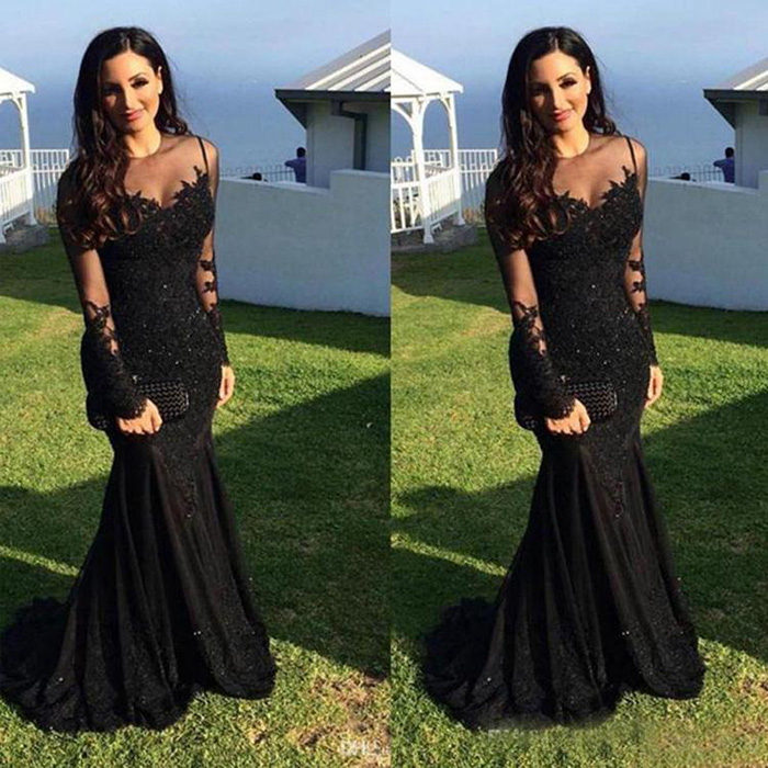 

Black Prom Mermaid Dresses Sheer Jewel Neck Lace Appliques Evening Dress Long Sleeve Sequins Floor Length Party Gowns robes de soirée, Orange