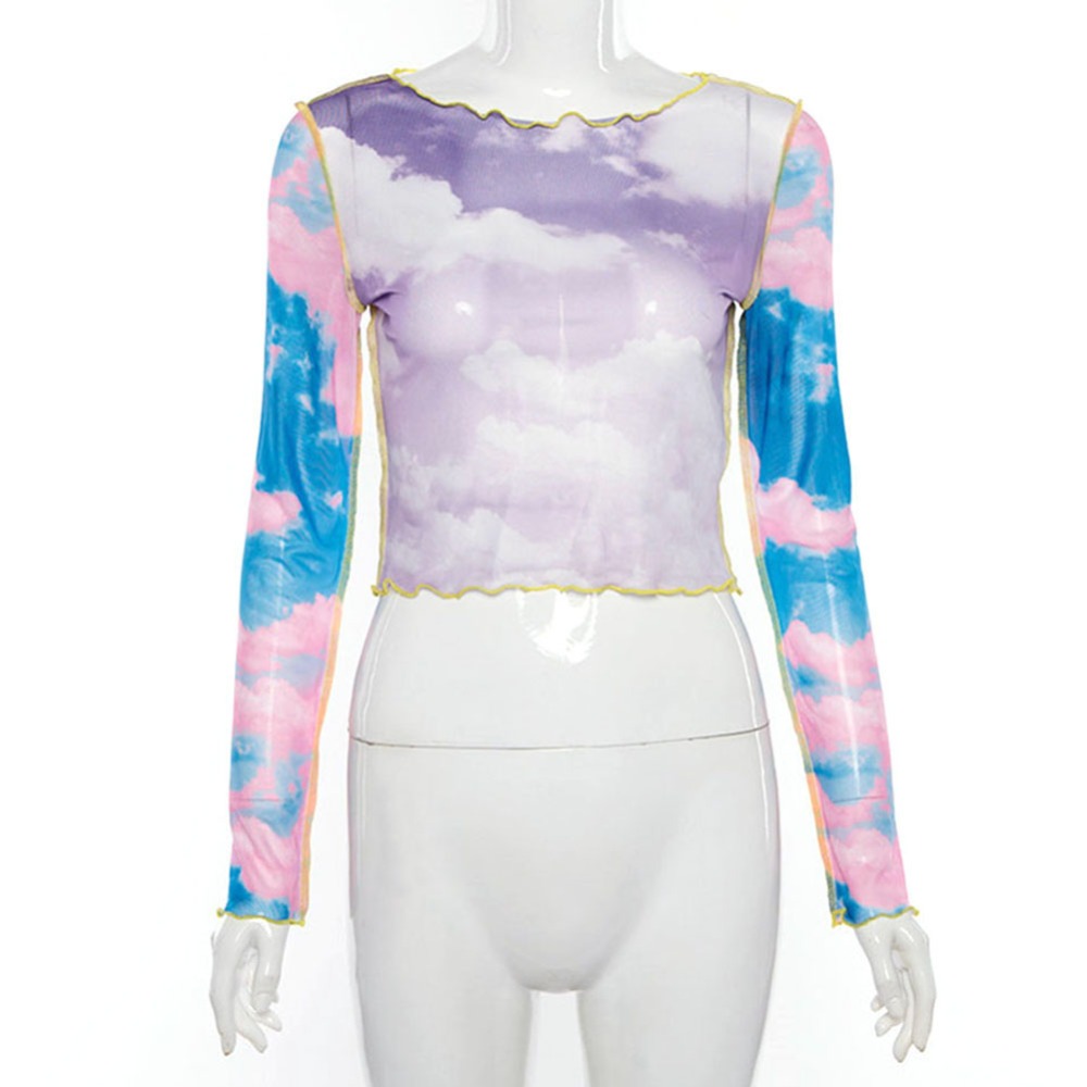 

Blue sky cloud print mesh tshirt women crop top transparent casual summer t-shirt patchwork sexy tee shirt femme, 8#