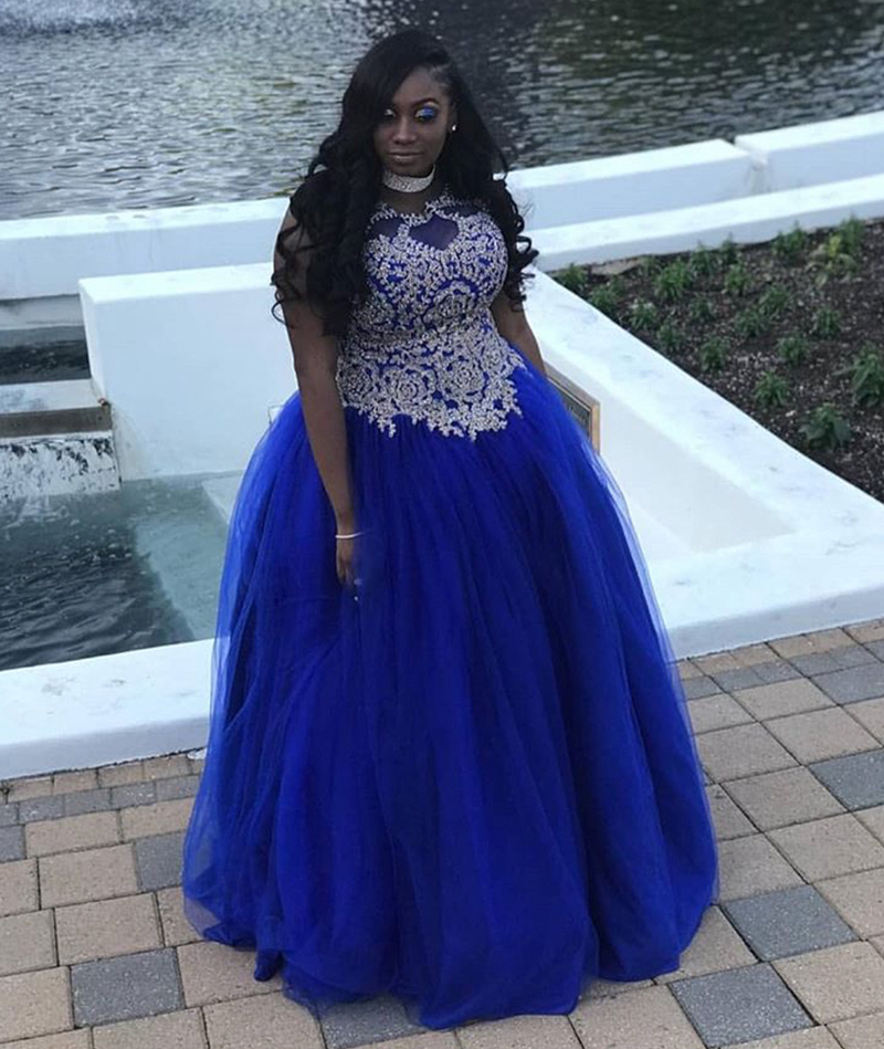

Royal Blue Prom Dress Long A Line O Neck Gold Appliques Tulle Floor Length Plus Size Evening Dress Royal Blue Formal Dress, Purple