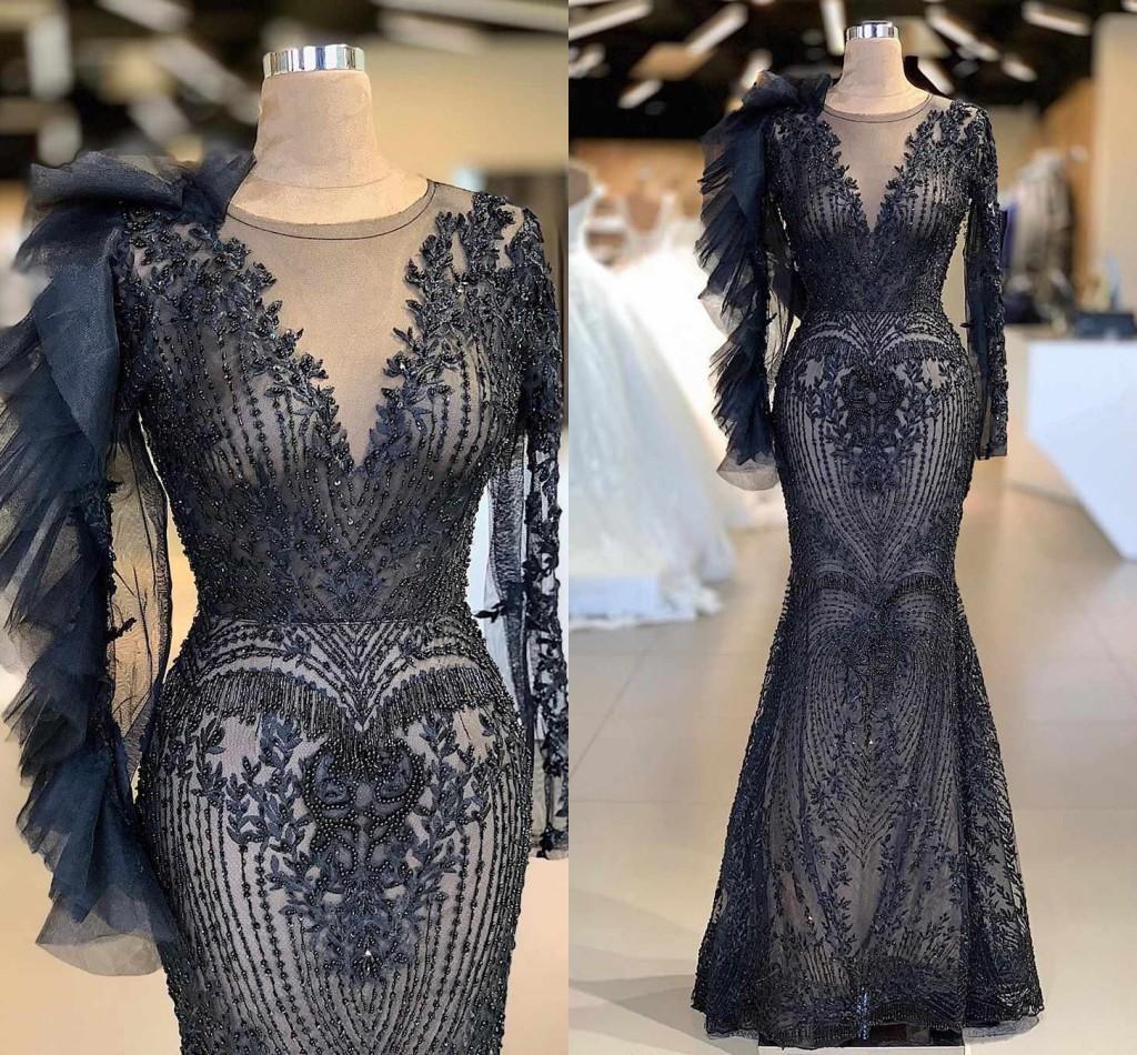 

Navy Blue Mermaid Evening Dresses Luxury Long Sleeves Beaded Prom Gown Vintage Plus Size Arabic Formal Party GEvening owns, Ivory