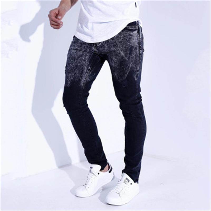 

Hot Sell Slim Hole Mens Jeans Fashion New Blue Casual Zipper Snowflake Elastic Pants Folds Light Wash Frayed Male Clothing, Black