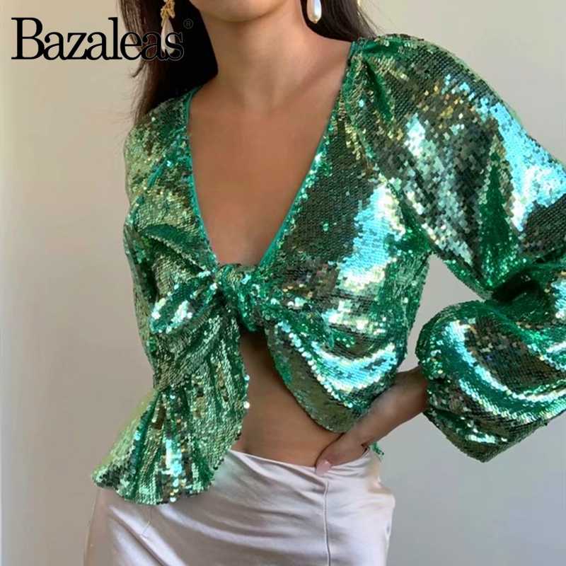 

Bazaleas Vintage Bright Appliques Green Cropped Blouse Fashion V Neck blouse women harajuku Chic Center Bow ropa mujer, 6143 green ld160