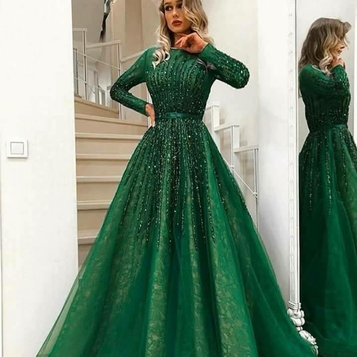 

2019 Sexy Arabic Dark Green Long Sleeves Lace A Line Evening Dresses Beaded Stones Top Tulle Floor Length Prom Party Dress Plus Size BC0170, Grape