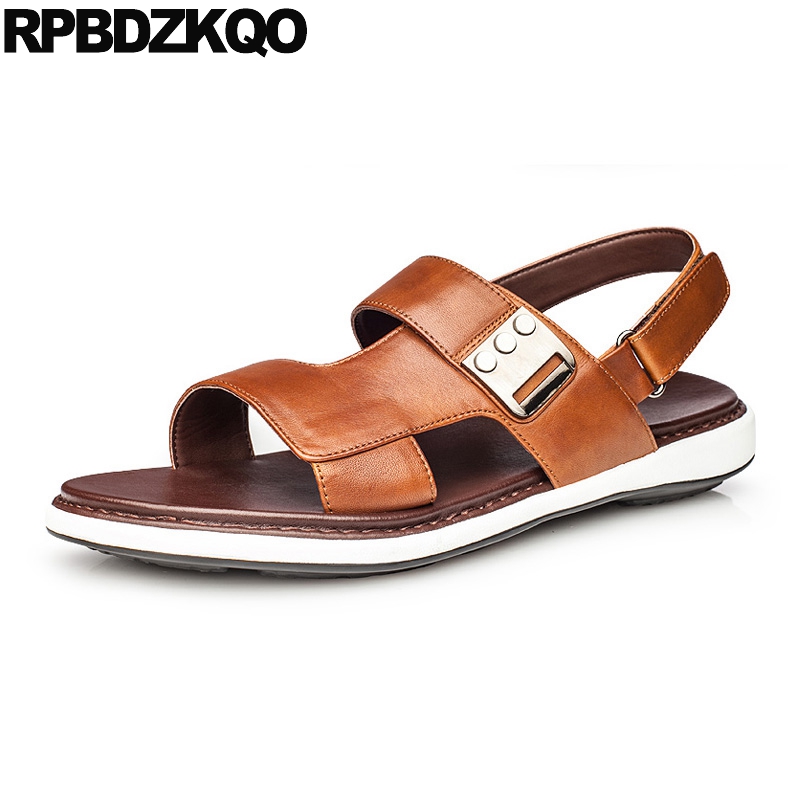 

italian genuine leather flat metal beach runway 2019 shoes men high quality sandals brown blue casual open toe