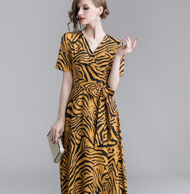 

Yellow leopard print lace-up dress V-neck Maxi dresses summer A-line street style dresses Ankle-length short sleeve