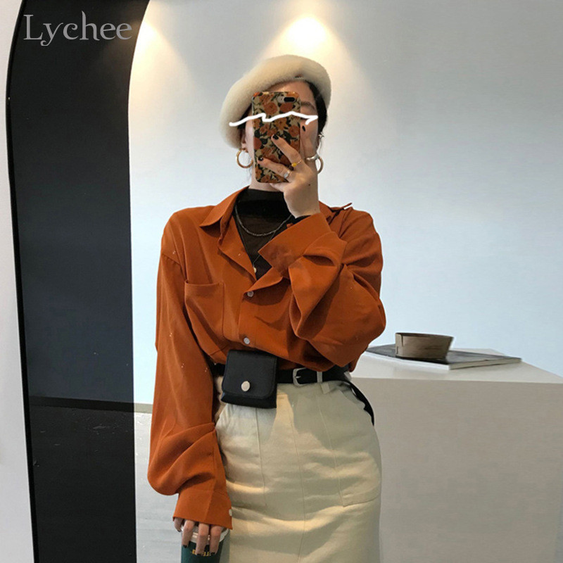 

Lychee Harajuku Solid Color Women Shirt Blouse Button Lantern Sleeve Loose Female Shirts Tops Casual Autumn Lady Blouses Tops, Orange