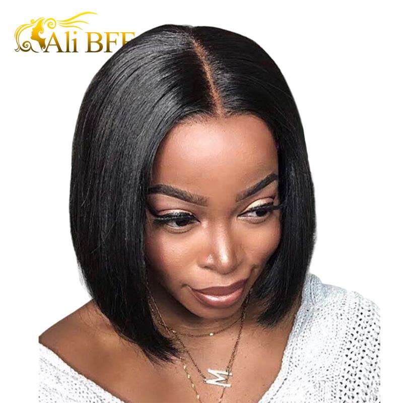 

ALI BFF Brazilian straight short bob wig lace front human hair wig bleached knots pre plucked with baby hair 8-14inch for women, Natural color