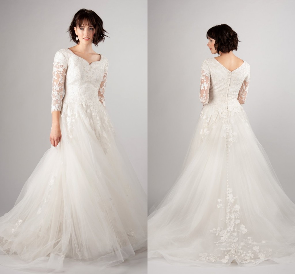 

Vintage Half Sleeve A-line Wedding Dresses 2019 Modest Cathedral Train Lace Embroidery Full Back Country Garden LDS Wedding Gown, Champagne
