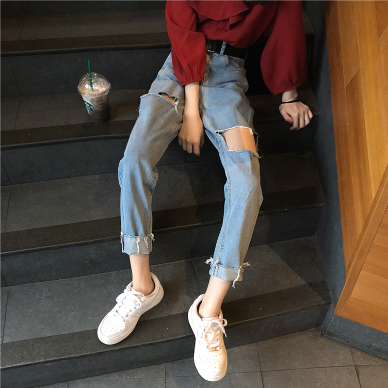 

Spring women' 2019 new Korean version of the edge big hole high waist jeans straight pants Ankle-Length Pants, Blue