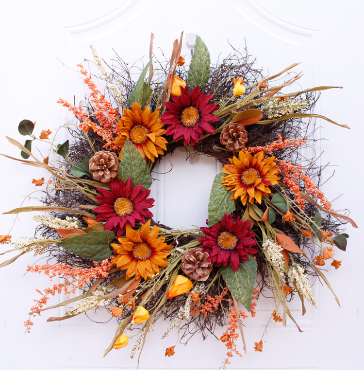 

Simulated Sunflower Wreath Autumn European Style Retro Door Decoration Christmas Decoration Artificial Flower Portable Ornaments, 68cm