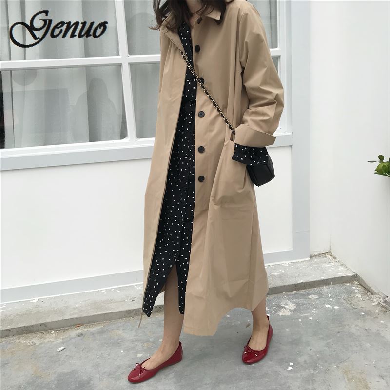 

Women Autumn Long Sleeve Double Breasted Long Trench Coat Female Pocket Straight Shirt Windbreaker Femme Hiver Overcoat, Black