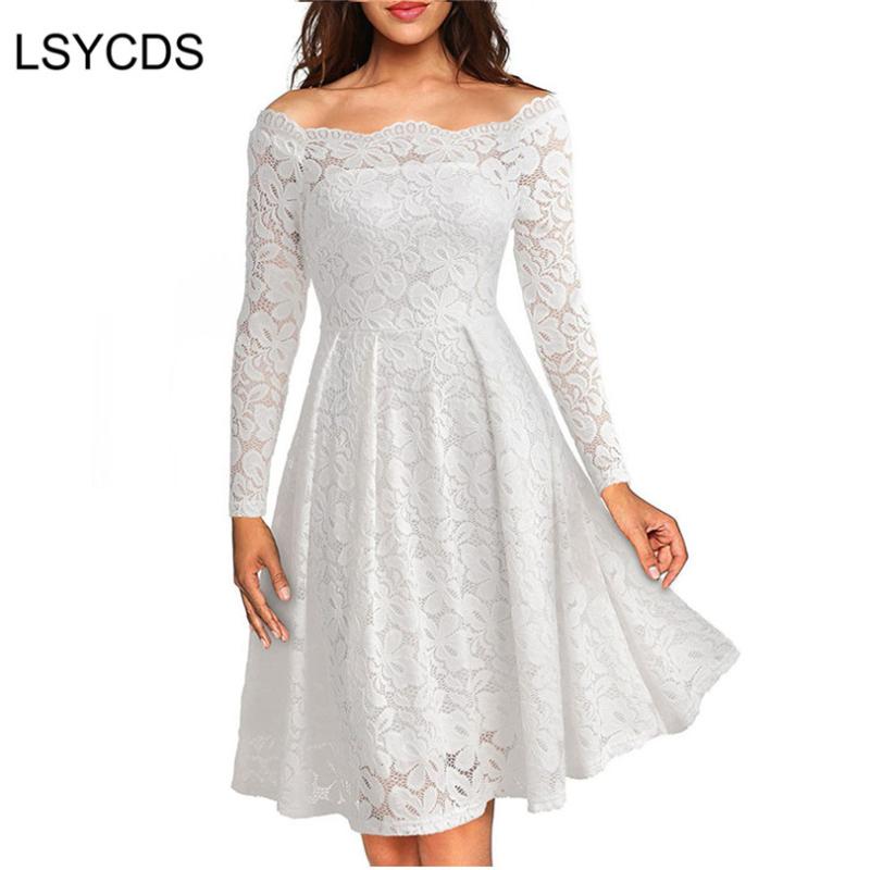 

Woman Dresses 2020 Long Sleeve Slash Neck Wedding Party Wear Casual A-line Sexy Red Black White Lace Dress Plus Size -3XL
