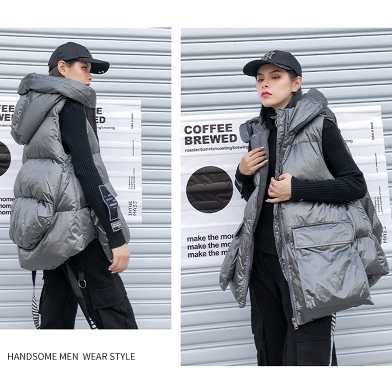 

High quality woman quilted vest loose large size cotton clothing female winter short hooded thick vest jacket ladies cotton, Black