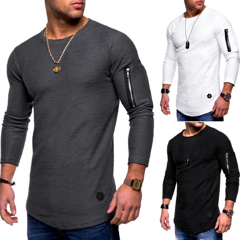 

New Fashion Mens Sweater Casual Long Shirts Hip Hop Jersey Solid Color Round Neck Long Sleeve Arm Zipper Stitching Pullovers, White
