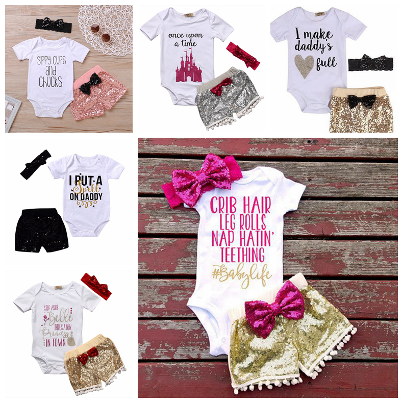 

Baby Girl Rompers Suit INS Letters Short Sleeve Shirt Sequin Headband Shorts Suits Baby Shorts Outwear Fashion Outfits Suits 3PCS YFA805, 1lot=1set=bow headband+top+shorts=3pcs
