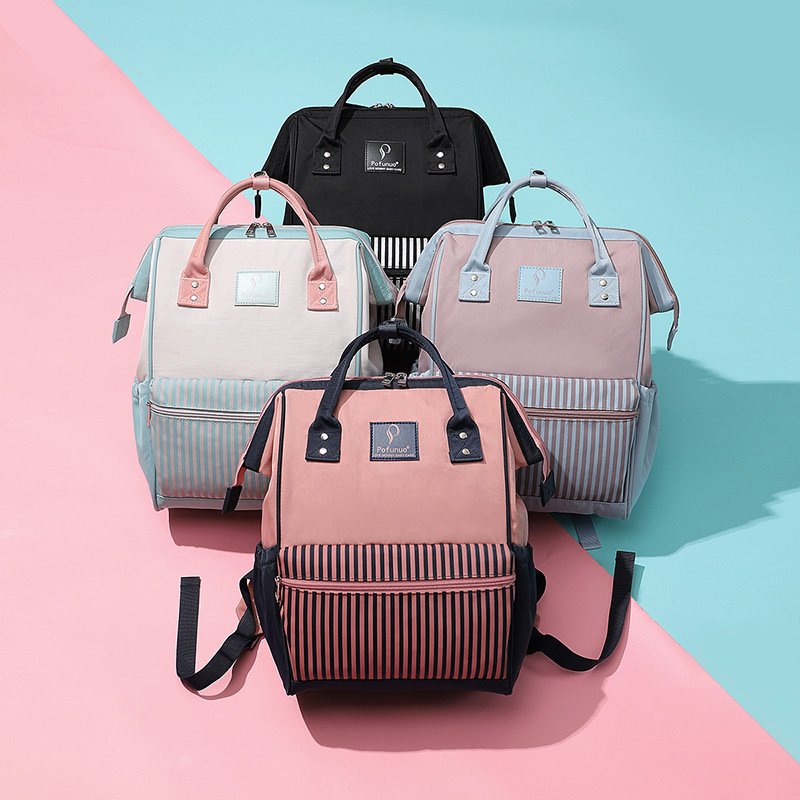 

Pofunuo Striped Candy Color Mommy Bag Ice Cream Summer Backpack Diaper Bag USB Type Stroller Travel Nappy Baby, Black