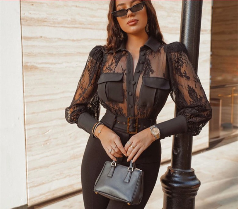 

Sexy Shirts for Women Mesh Lace Detail Button-Up Blouse Mesh Womens Tops and Blouses Black Lace Shirts