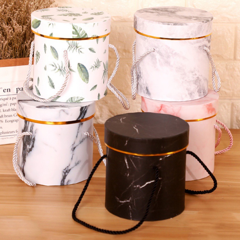 

Marble Romantic Round Flower Box Flower Packaging Paper Bag Gift Lanyard Storage Box Florist Bouquet With Lid LL