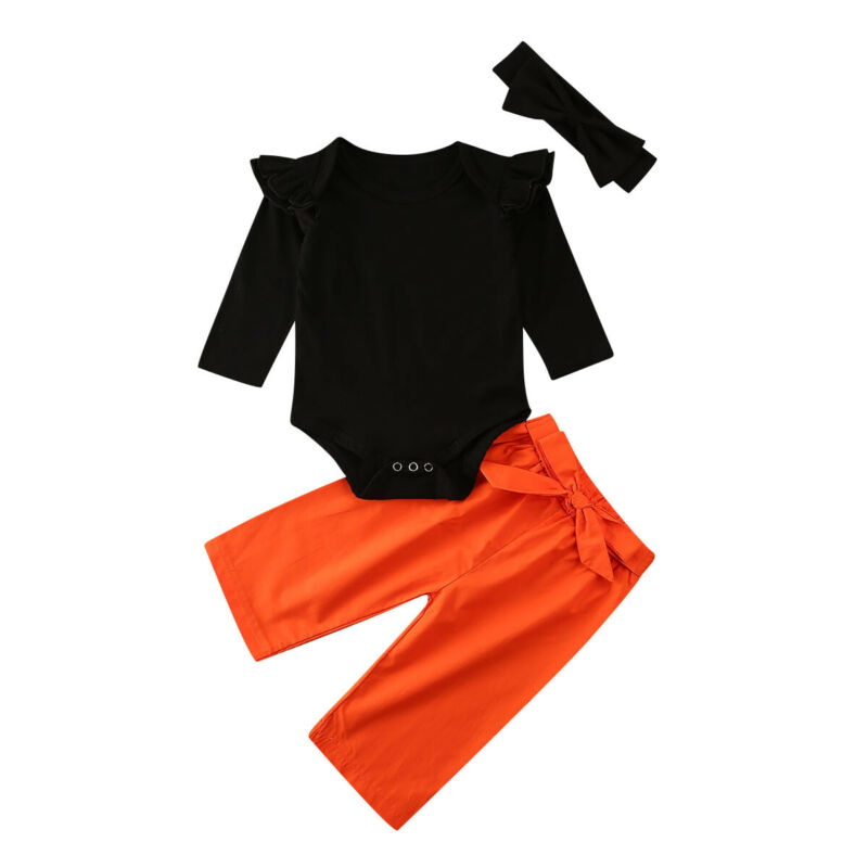 

Dropshipping 3Pcs Baby Girl Clothes Lace Ruffle Long Sleeve Top Romper Pants Headband Outfit Solid Outfits Cotton Clothes 0-18M